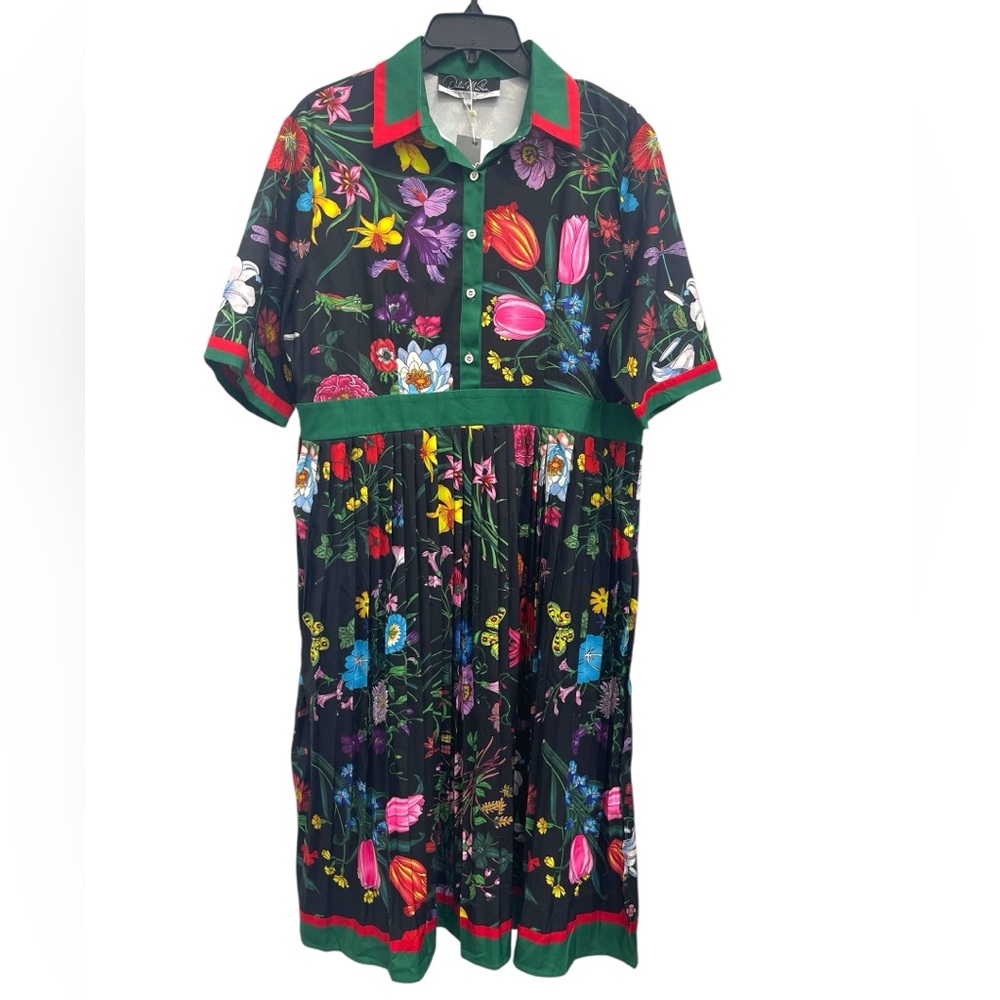 Black Floral Midi Shirt Dress with Green Trim - Picture 2 of 16